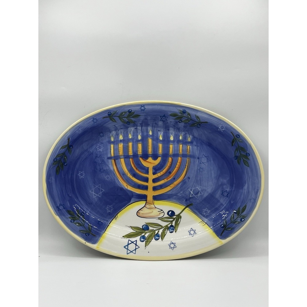 Jewish Hanukkah Menorah Serving Platter Colorful Ceramic Oval Tray 18" CLEAN